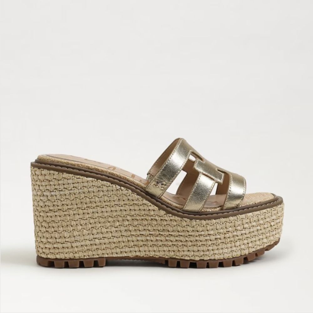 NEW Sam Edelman Laine Platform Wedge Sandal Gold Leather Size 9.5 - Picture 3 of 5